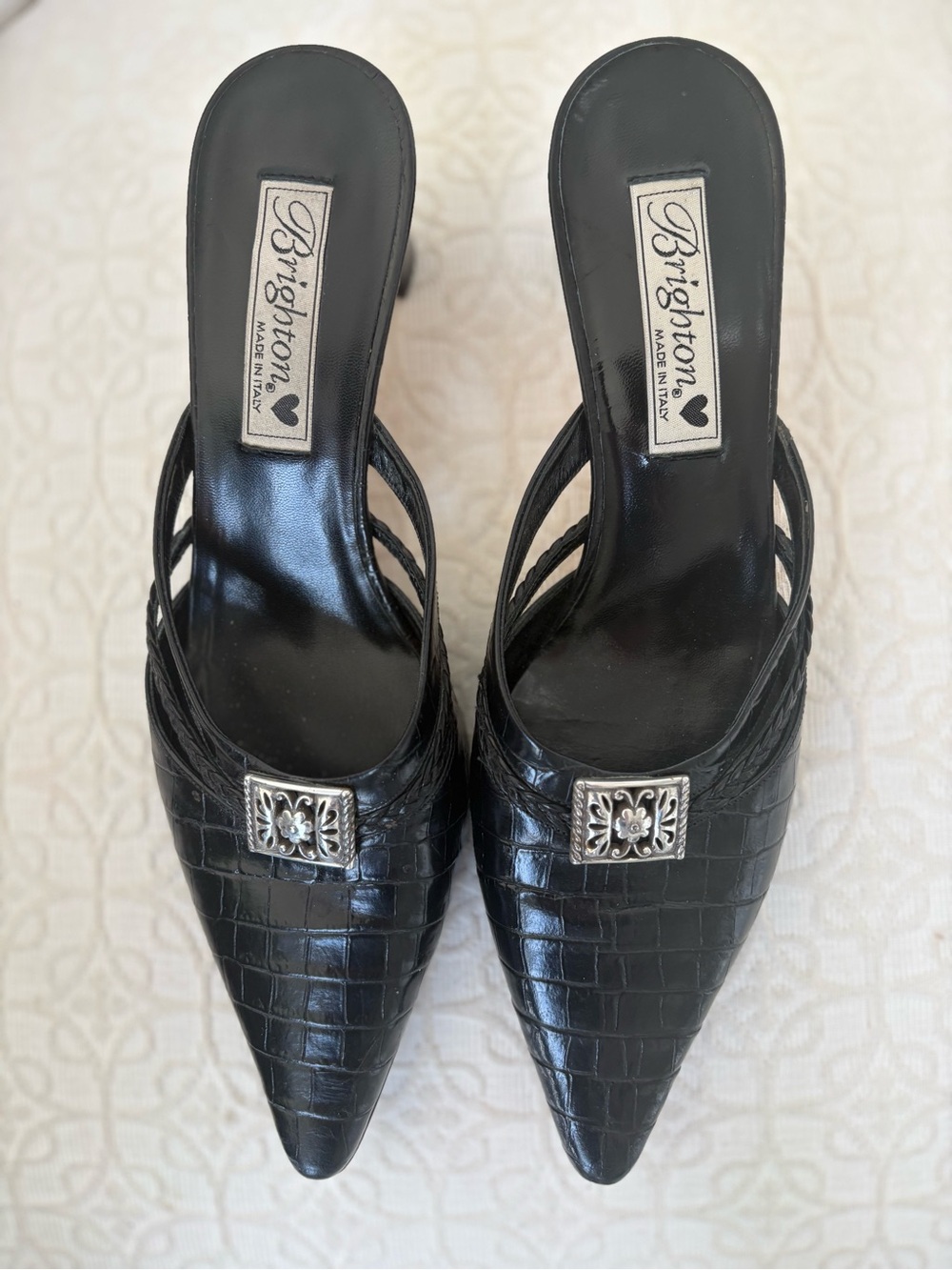 Brighton Black Croc-Embossed Pointed Toe Slip-On Mules with Silver Accent